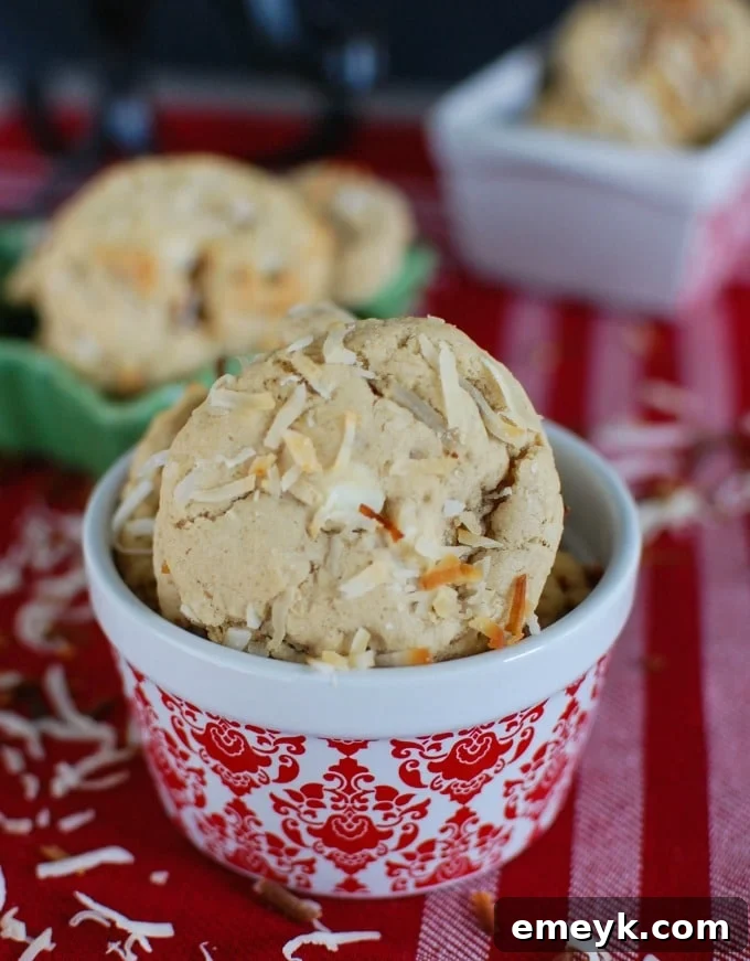 A plate full of delicious White Chocolate Toasted Coconut Cookies, ready for serving.