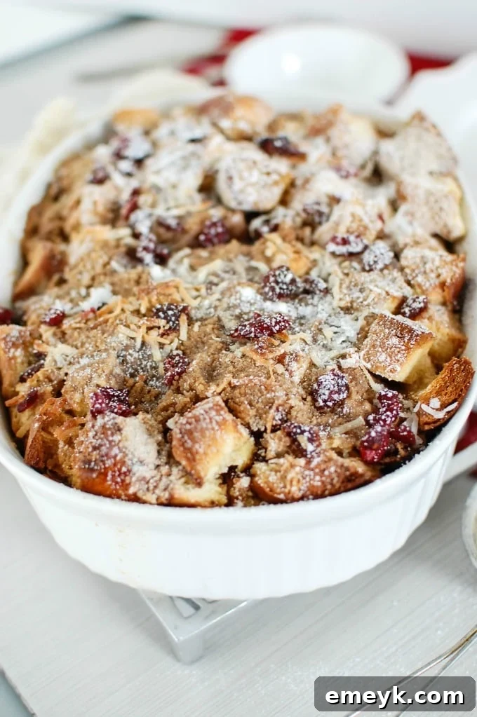 Sunrise Coconut Cranberry French Toast Bake 5 Baked French Toast Casserole sliced and ready to serve