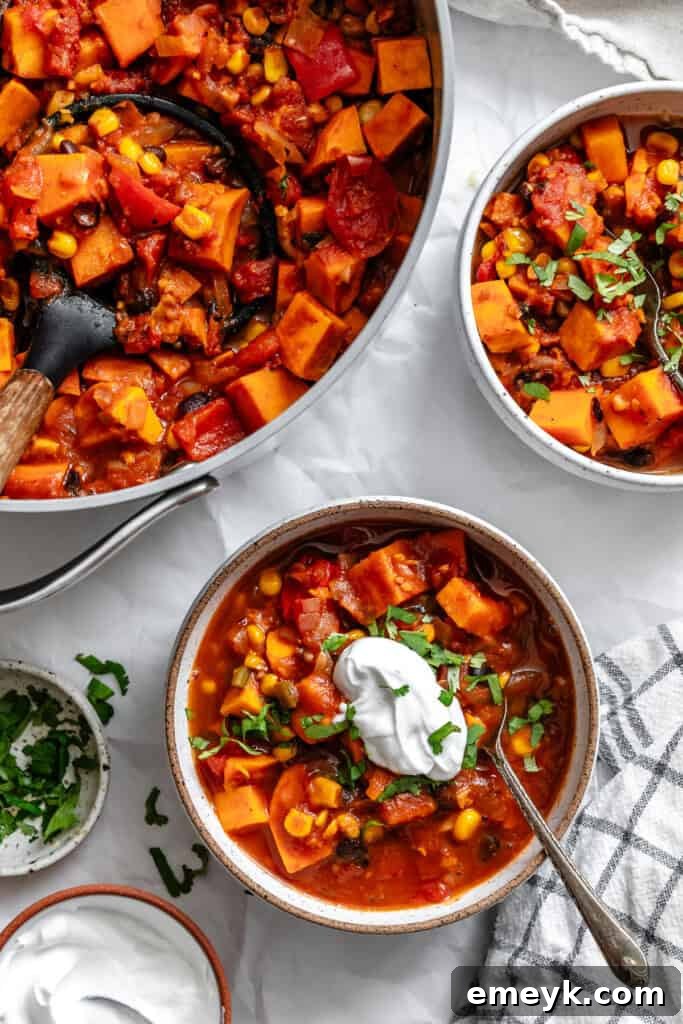 Hearty Sweet Potato Chili 7 Sweet Potato Chili pot with a bowl