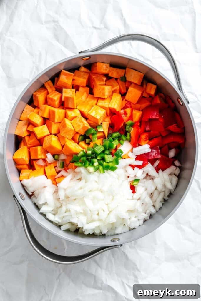Hearty Sweet Potato Chili 10 Sweet Potato Chili ingredients in pot