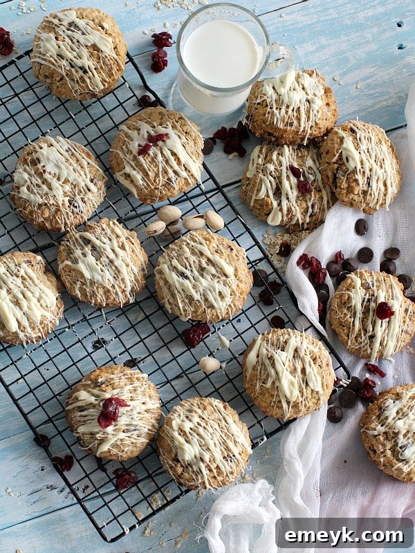 Hearty Cranberry Pistachio Chocolate Chip Oatmeal Cookies, a delightful blend of textures and holiday flavors.