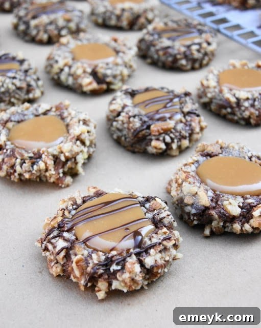 Decadent Turtle Cookies featuring chocolate, caramel, and pecans, a rich holiday indulgence.