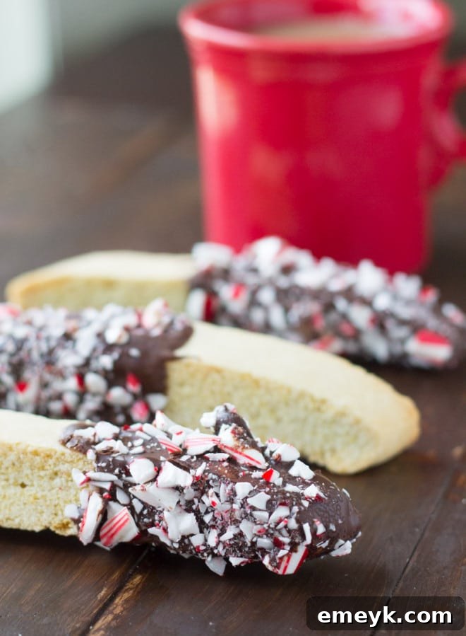 Crisp Peppermint Biscotti, a festive Italian cookie perfect for dipping in coffee or hot chocolate.