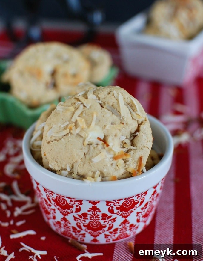 Delicious White Chocolate Toasted Coconut Cookies, a sweet and tropical twist for holiday baking.