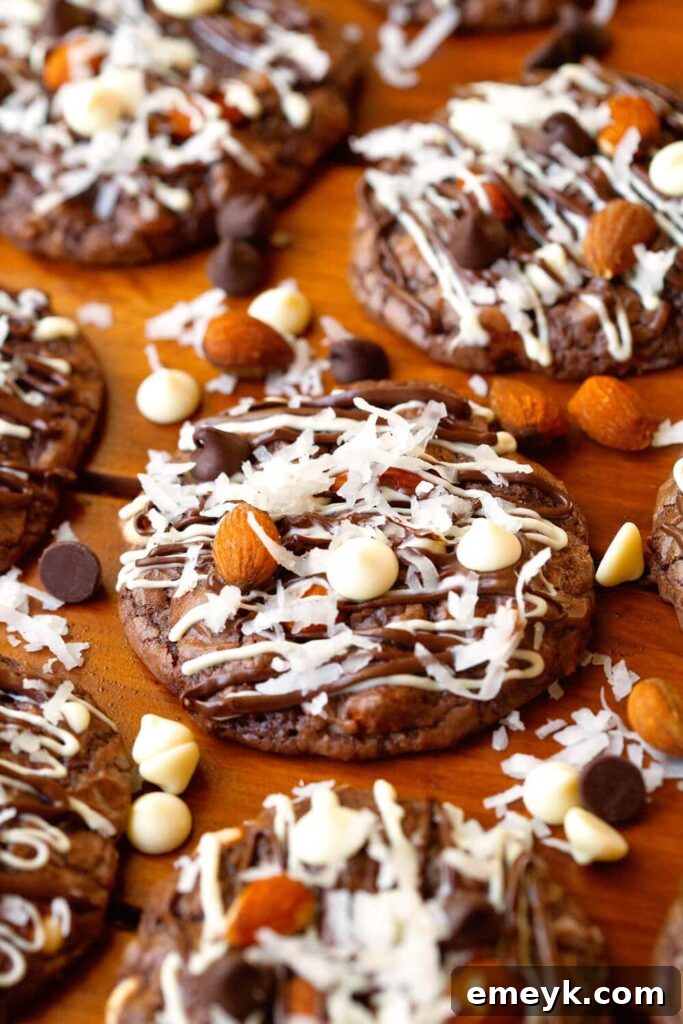 Sweet Almond Joy Cookies, inspired by the candy bar, featuring coconut, almonds, and chocolate.