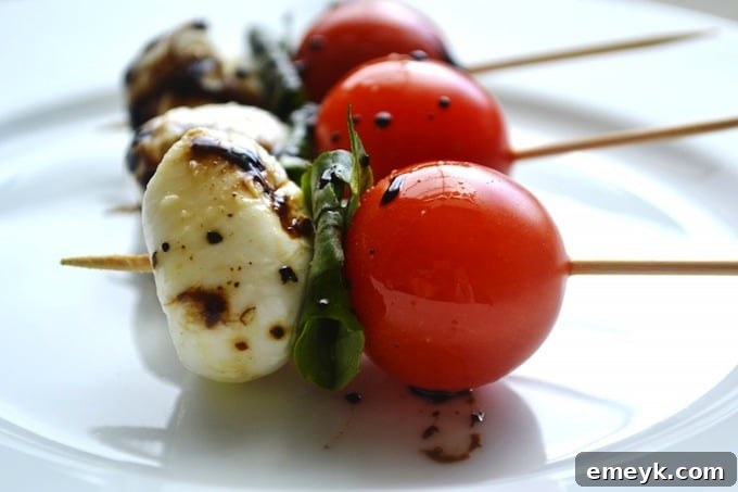 Fresh Caprese Salad Skewers with tomato, mozzarella, and basil