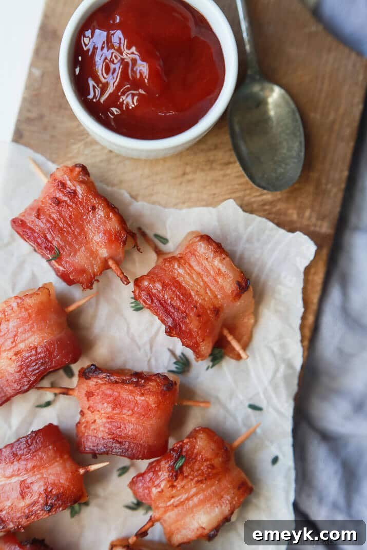 Bacon Wrapped Water Chestnuts with Sweet Dipping Sauce, a classic party appetizer