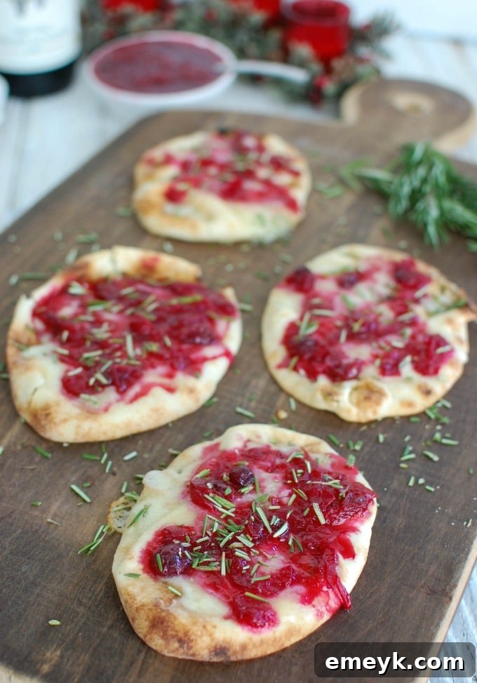 Gourmet Warm Brie Cranberry Naan appetizer, perfect for holiday gatherings and easy entertaining