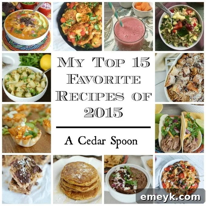 My 15 Standout Recipes from 2015 2 A vibrant collage of various favorite recipes from 2015, featuring salads, appetizers, and comforting dinners, all beautifully plated.