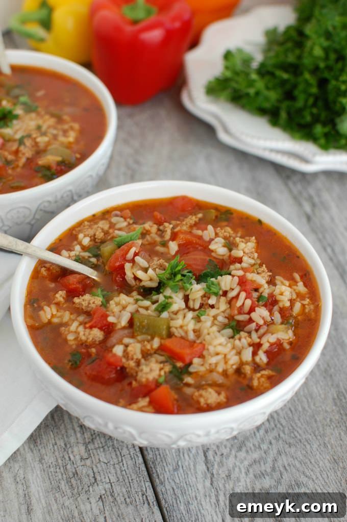 My 15 Standout Recipes from 2015 10 A hearty bowl of Slow Cooker Stuffed Pepper Soup, garnished with fresh herbs, showcasing ground meat, rice, and bell pepper chunks.