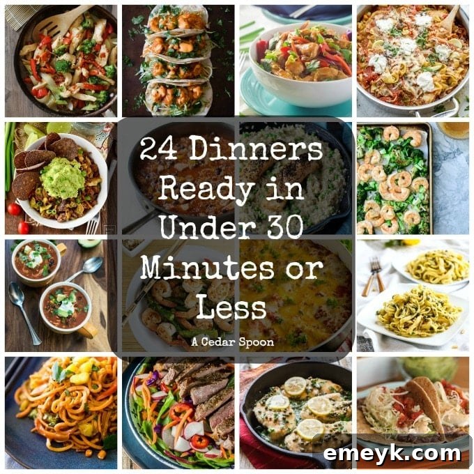 A vibrant display of various quick and easy 30-minute dinner recipes, including pasta, chicken, and vegetarian options, perfect for busy families looking for fast healthy meals.
