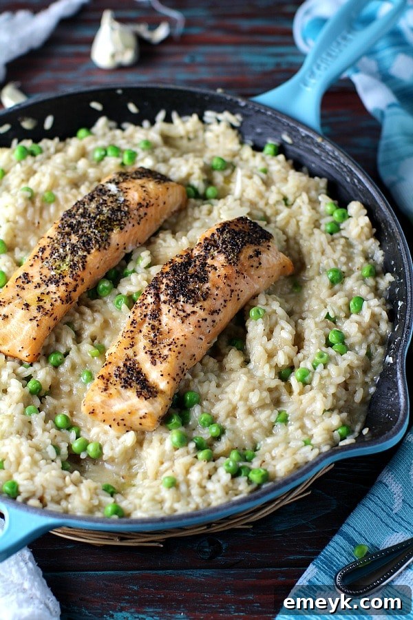 Quick Salmon with Risotto, a gourmet meal ready in under 25 minutes for a fast and fancy dinner.