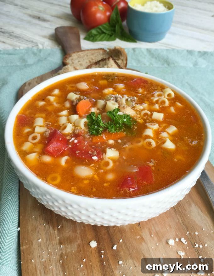 Hearty Pasta e Fagioli, a traditional Italian soup that's quick to prepare for a comforting family dinner.