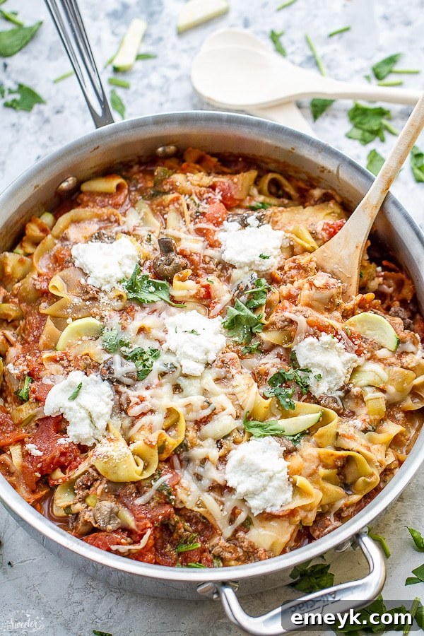 One-Pan Zucchini Noodle Skillet Lasagna, a gluten-free and quick lasagna alternative for healthy eating.
