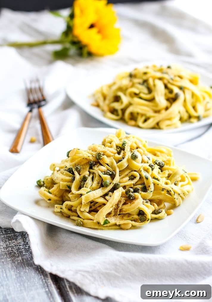 Healthy Fettuccine Pasta with Capers, Pine Nuts and Yogurt, a gluten-free and flavorful pasta dish for quick dinners.