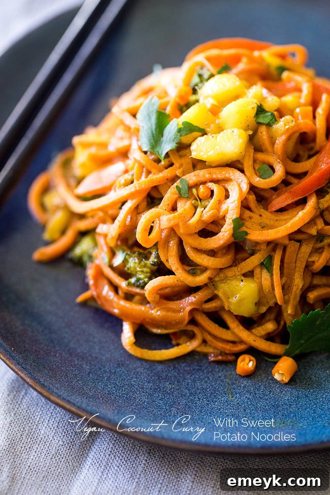 Vegan Coconut Curry with Sweet Potato Noodles, a quick and healthy plant-based meal for a flavorful dinner.