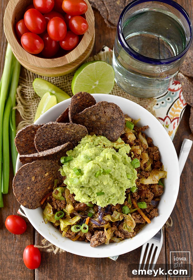 Hearty Beef Taco Bowls, a quick, customizable, and gluten-free dinner idea for the whole family.