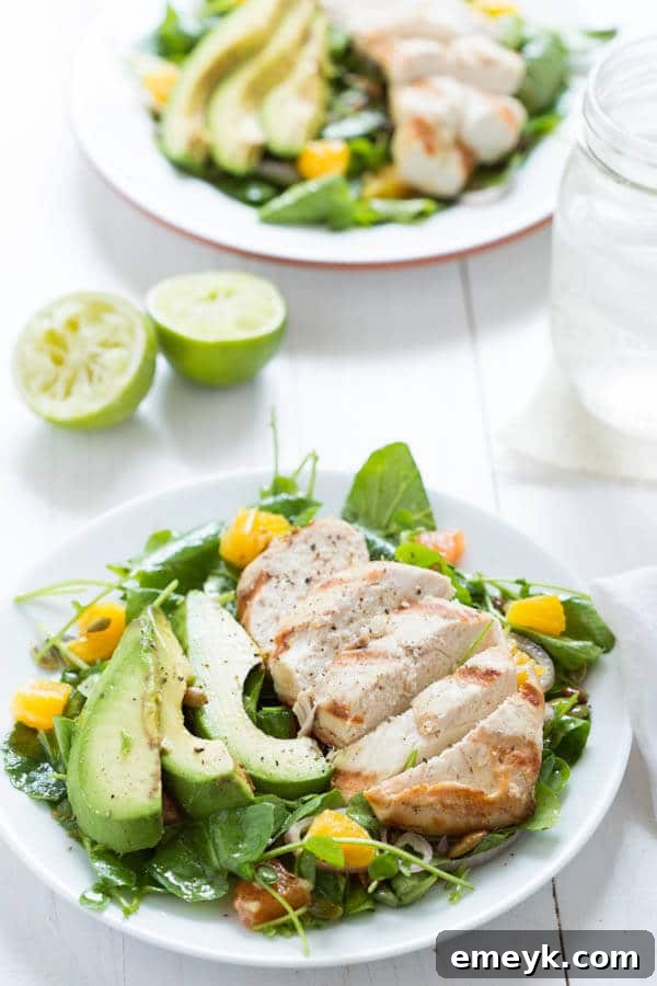 Grilled Tequila Chicken with Orange, Avocado and Pepita Salad, a fresh, zesty, and healthy meal for a quick dinner.