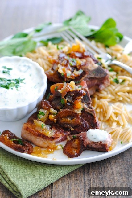 Plated Lamb Chops & Orzo with Apricot Chutney and Yogurt Sauce, beautifully presented