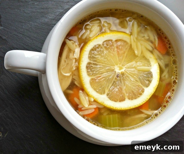 A steaming bowl of Lemon Chicken Orzo Soup, garnished with fresh parsley and lemon slices