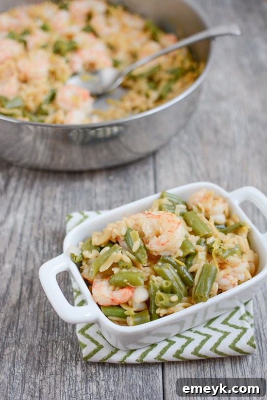 A skillet filled with One Pot Shrimp and Orzo, showing plump shrimp and orzo pasta in a savory sauce