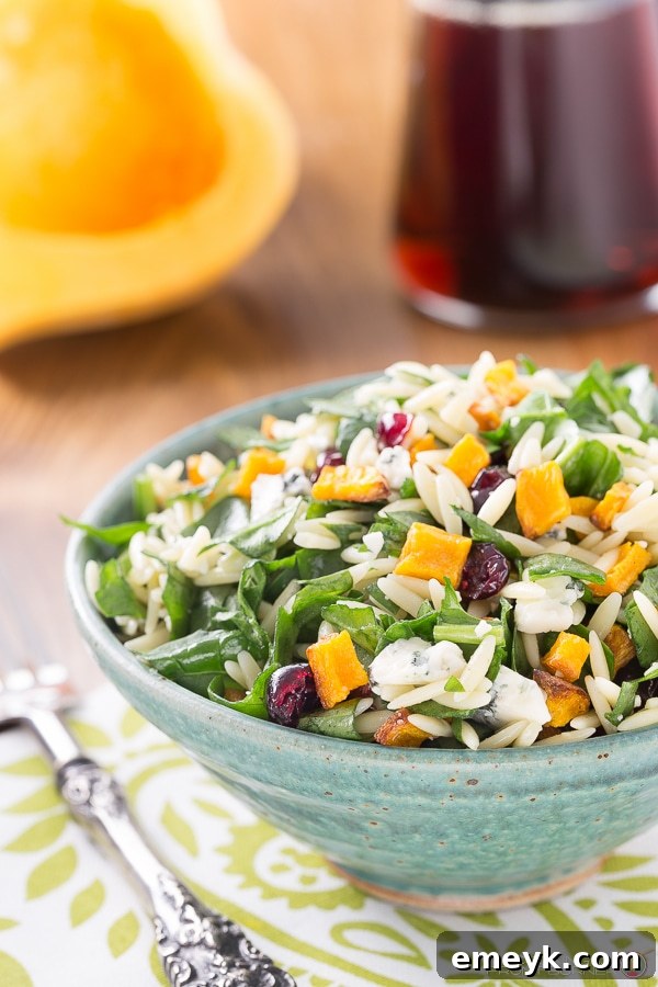 A bowl of Autumnal Butternut Squash Orzo Salad, with roasted squash and green herbs