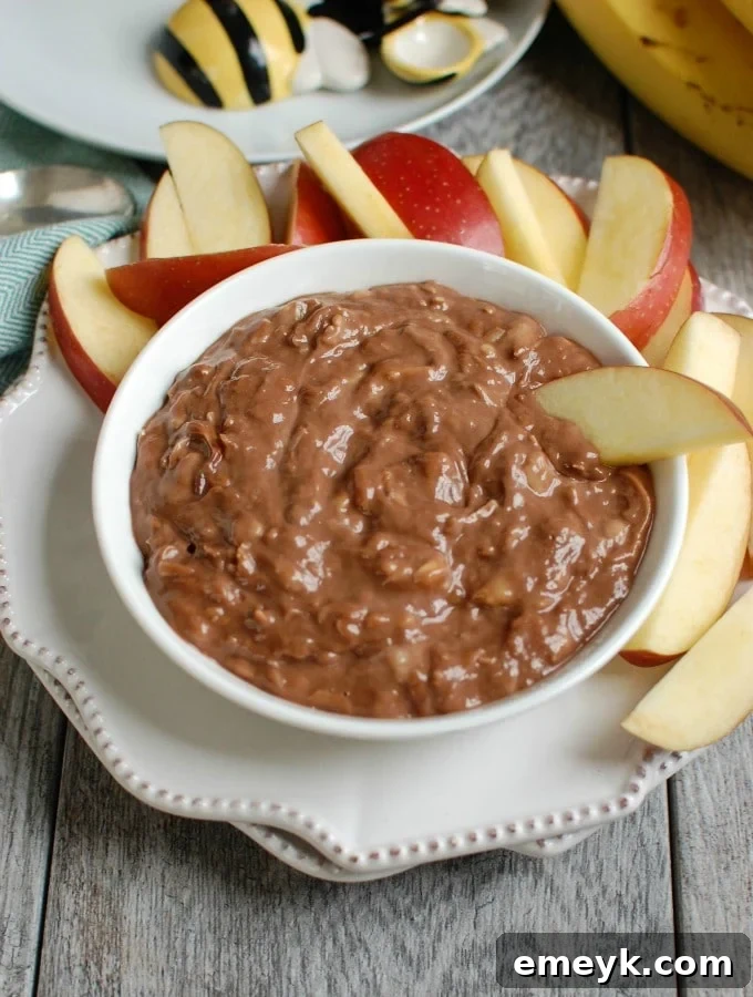 Irresistible 5-Ingredient Chocolate Banana Dip 2 Delicious 5-Ingredient Chocolate Banana Dip served with fresh fruit on a rustic board