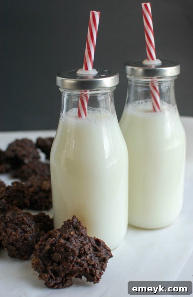 No Bake Cookie Recipe with milk and cookies arranged artfully, inviting a delicious tasting experience.