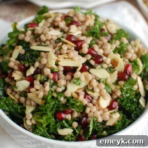 Close up of Kale Couscous Pomegranate Salad, ready to serve