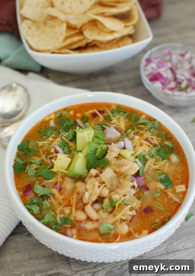 Close-up of Slow Cooker White Chicken Chili with a topping of fresh red onions and cilantro.