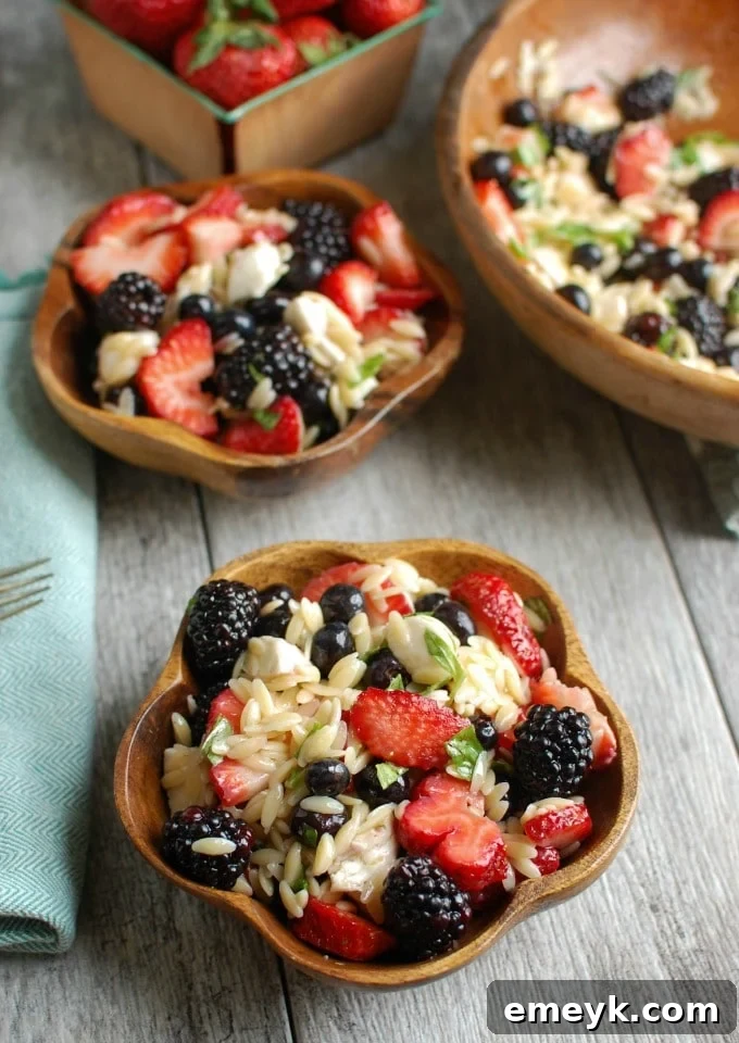 Mixed Berry Caprese Orzo Salad, an ideal choice for any summer gathering or outdoor meal