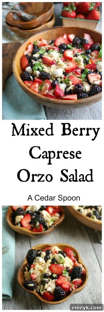 Mixed Berry Caprese Orzo Salad, a healthy and delicious lunch option, served in a bowl
