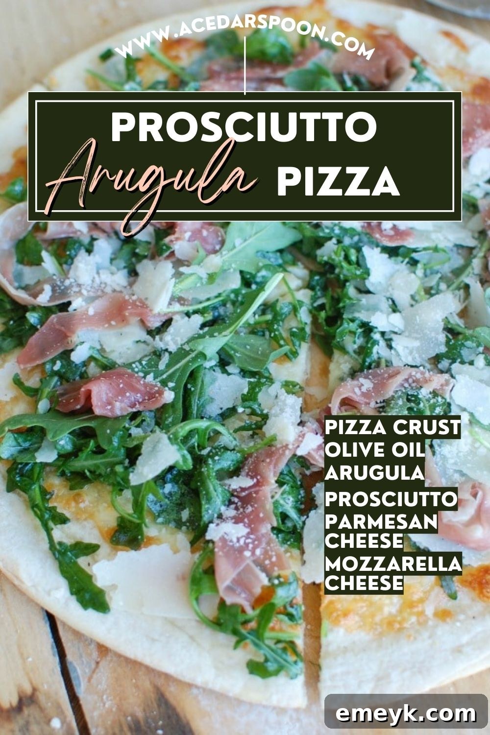 Prosciutto Arugula Pizza with brand logo overlay, ready for sharing.