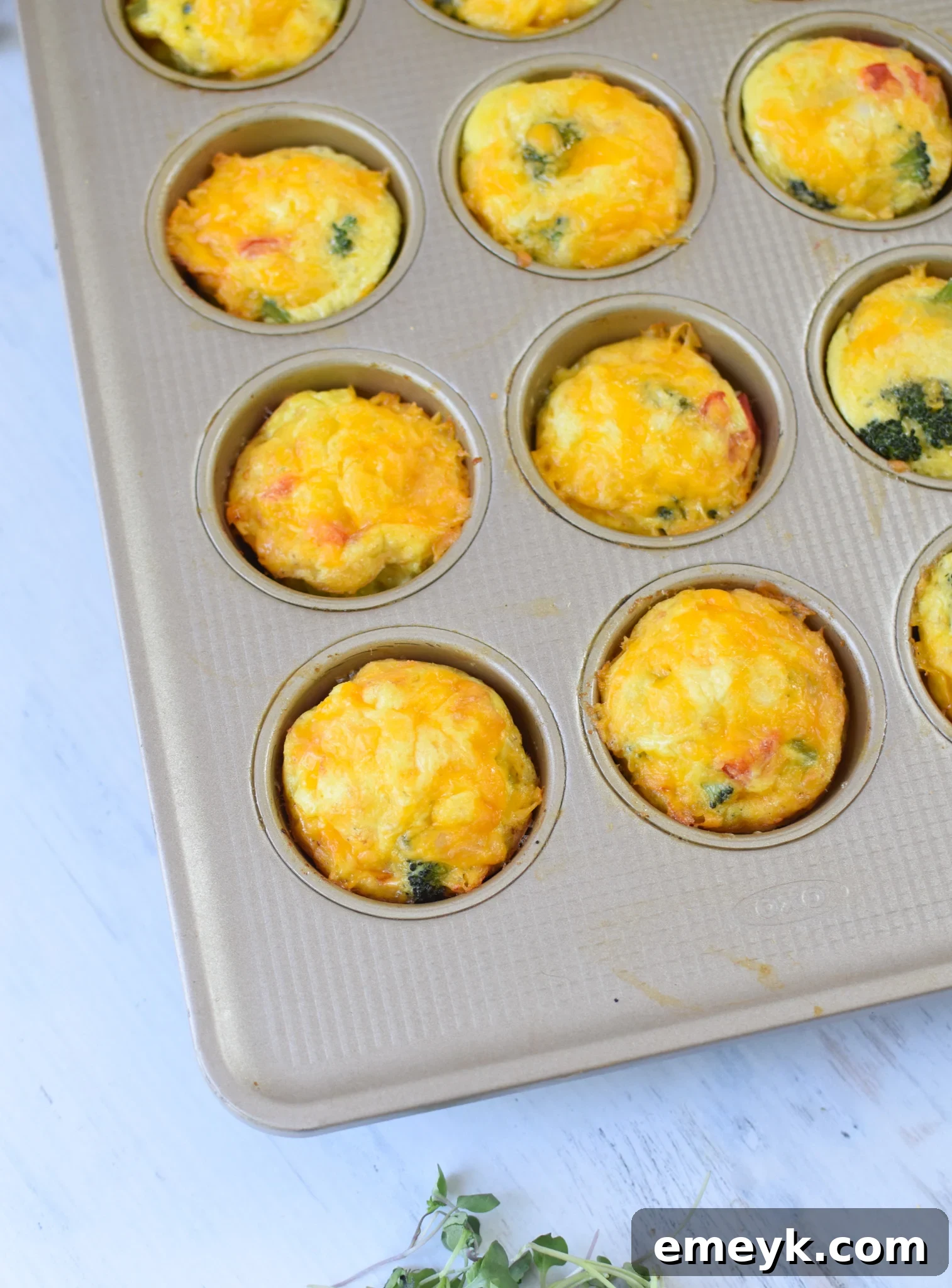 Savory Broccoli Cheddar Bites 11 Freshly baked Broccoli Cheddar Cups cooling in the muffin tin.
