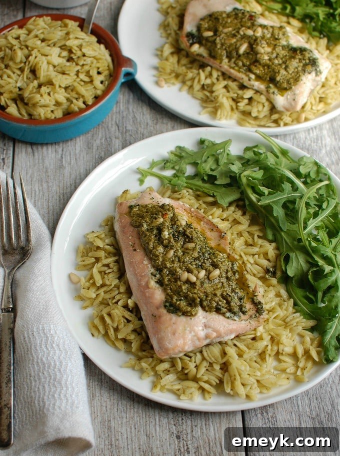 Pesto Salmon with Parmesan Pesto Orzo - healthy dinner