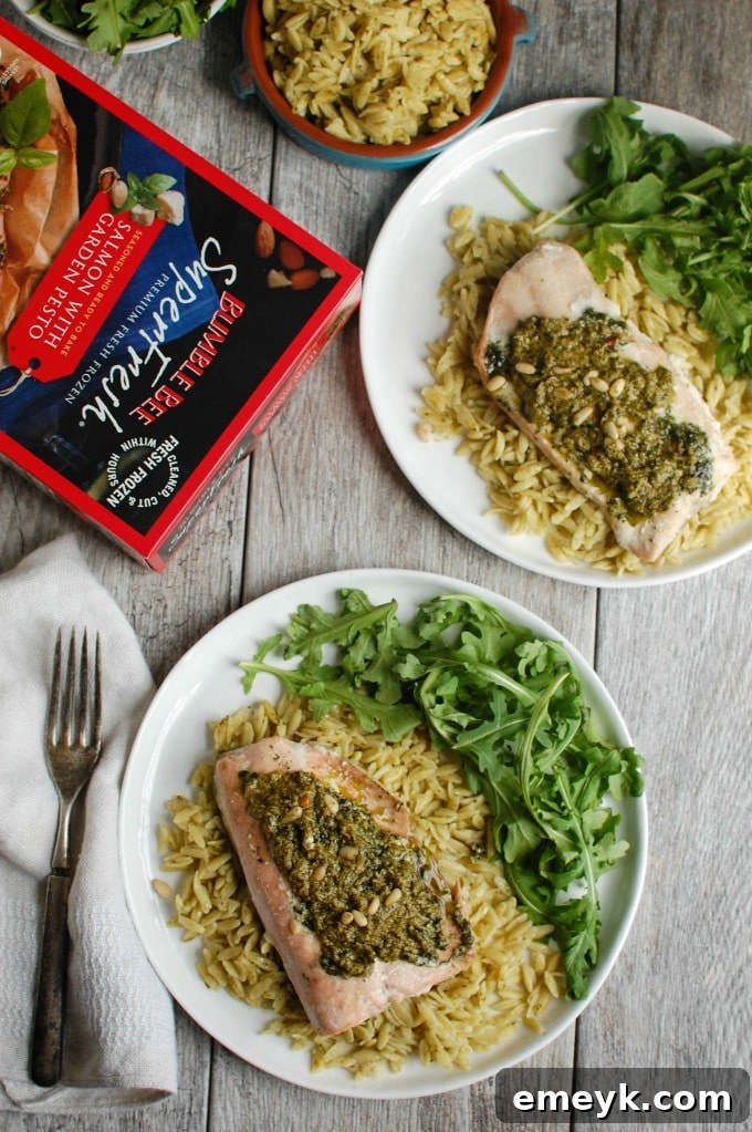Pesto Salmon with Parmesan Pesto Orzo - easy dinner idea