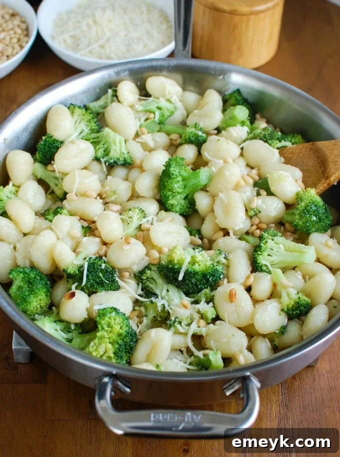 Delicious Browned Butter Gnocchi with Broccoli and Pine Nuts, a perfect quick dinner