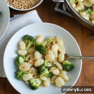Browned Butter Gnocchi with Broccoli and Pine Nuts finished dish