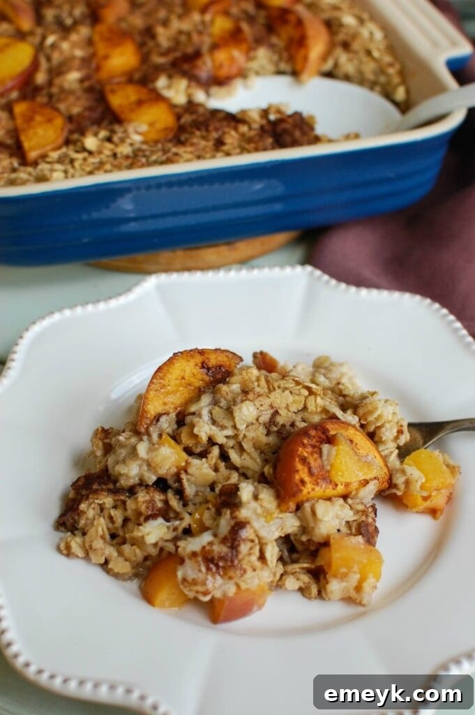 Close-up of fresh peaches and oats, key ingredients for Peaches and Cream Baked Oatmeal, highlighting their natural goodness.