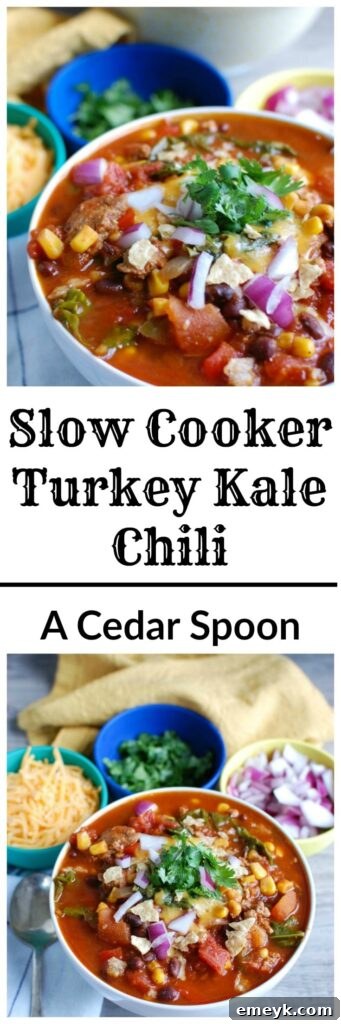Vertical shot of Slow Cooker Turkey Kale Chili garnished and ready to eat.