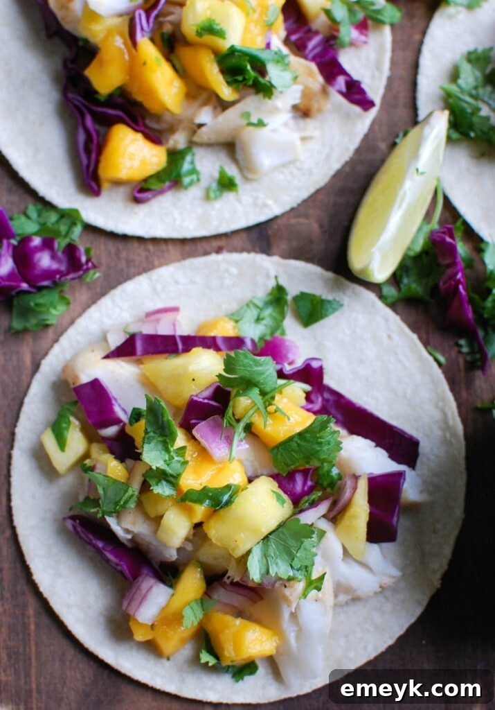 Grilled Fish Tacos with Tropical Salsa served with a side of crunchy red cabbage for extra texture