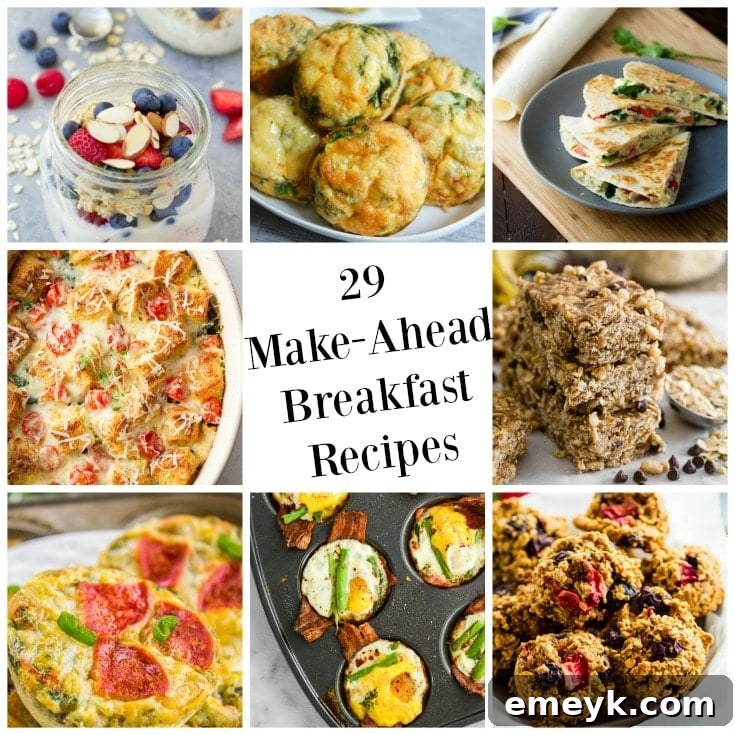 29 Brilliant Breakfasts for Effortless Mornings 2 A vibrant display of 29 different make-ahead breakfast recipes, perfect for busy school mornings. Features healthy, quick, and easy options like muffins, egg bakes, and oatmeal.