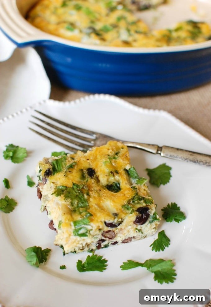 29 Brilliant Breakfasts for Effortless Mornings 10 Cheesy Black Bean Salsa Verde Egg Bake from A Cedar Spoon, a vibrant and protein-rich make-ahead breakfast casserole.