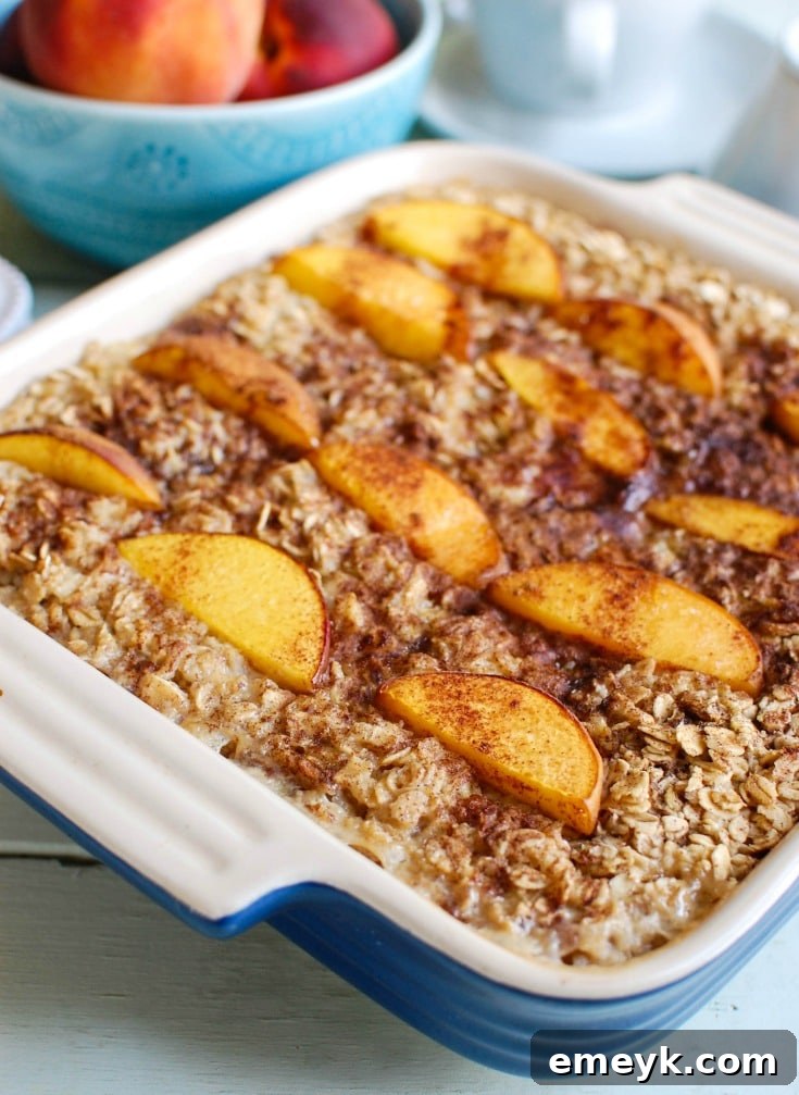 29 Brilliant Breakfasts for Effortless Mornings 17 Sweet Peaches and Cream Baked Oatmeal from A Cedar Spoon, a comforting and easy make-ahead breakfast recipe.
