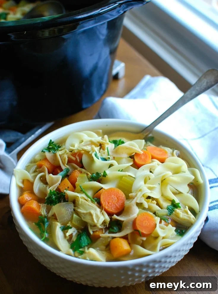 Slow Cooker Chicken Noodle Soup in a white bowl, ready to be enjoyed