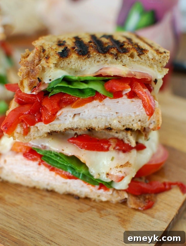 Close-up of the ingredients laid out for a Mediterranean Turkey Hummus Panini, including slices of bread, smoked turkey, garlic and herb hummus, roasted red peppers, spinach, sliced tomatoes, artichoke hearts, and Havarti cheese.