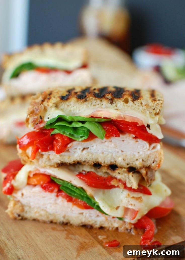 A Mediterranean Turkey Hummus Panini being pressed in a panini maker, showing the bread crisping up and the cheese starting to melt.