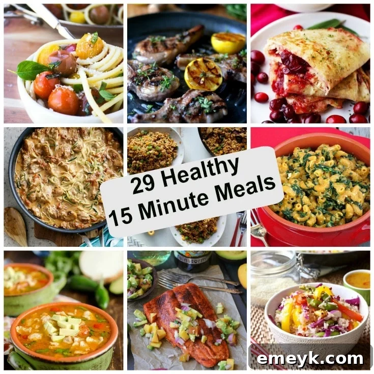 A vibrant collage of various healthy 15-minute meals, showcasing diverse ingredients and culinary styles, perfect for quick dinners and busy weeknights.