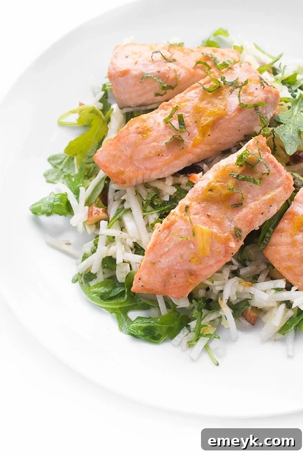Flaky Roasted Brown Sugar Salmon with Orange Jicama Slaw, a delightful combination for a quick dinner
