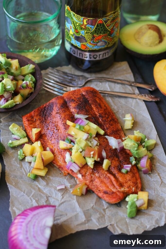Flaky Smoky Broiled Sockeye Salmon with fresh Peach-Avocado Salsa, a healthy and delicious meal